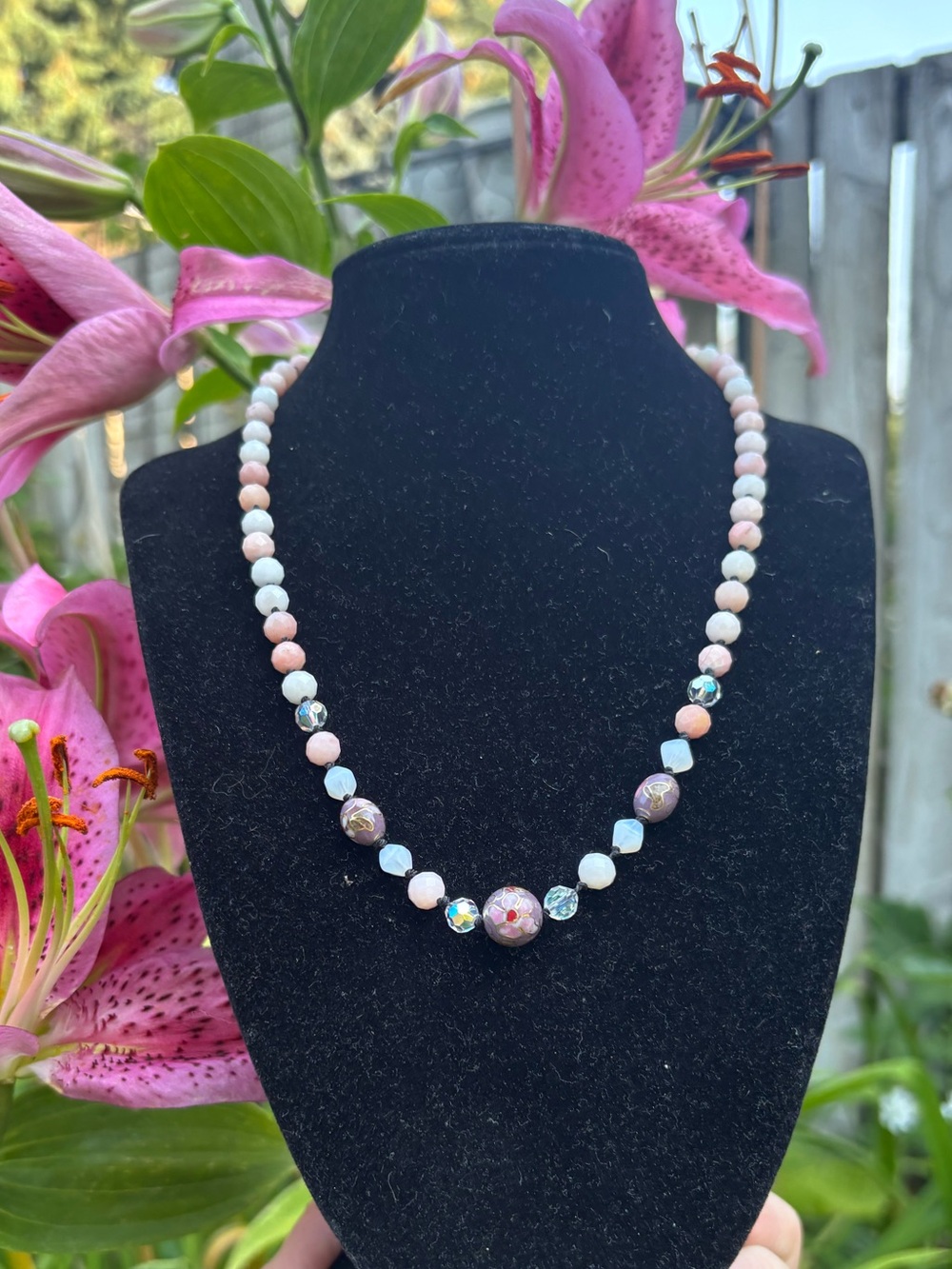 Artisan Silk-knotted Cloisonné and pink Peruvian gemstone necklace.
